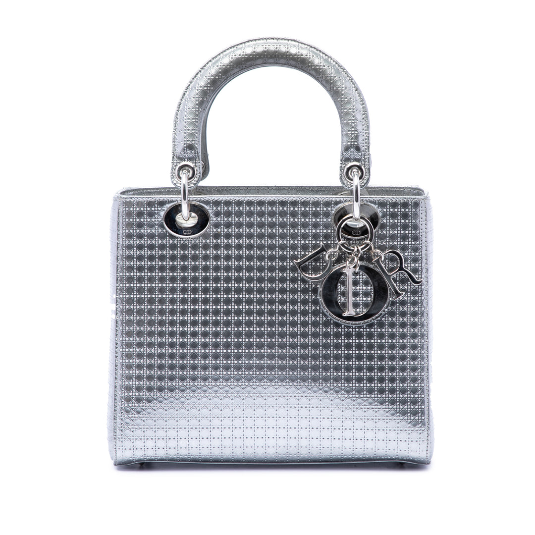 Dior Medium Metallic Cuir verni Microcannage Lady Dior