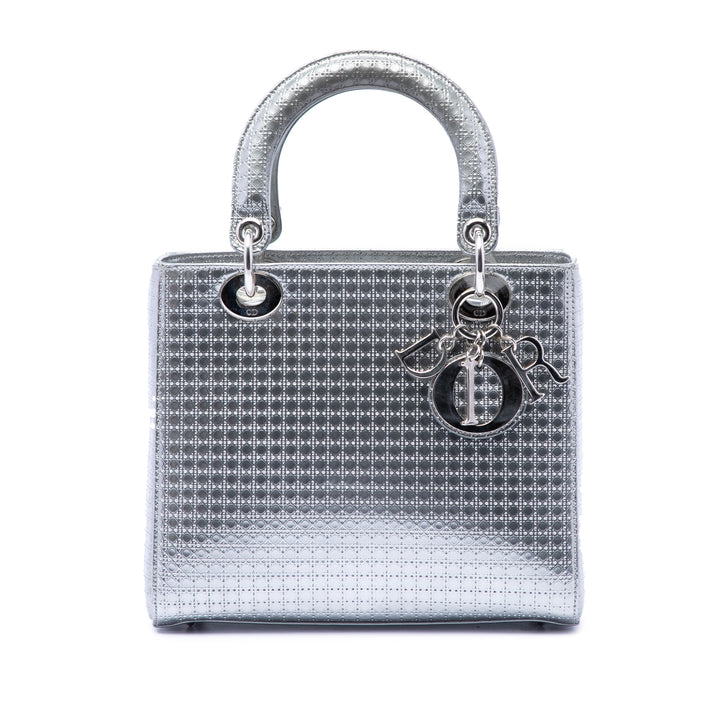 Dior Medium Metallic Cuir verni Microcannage Lady Dior