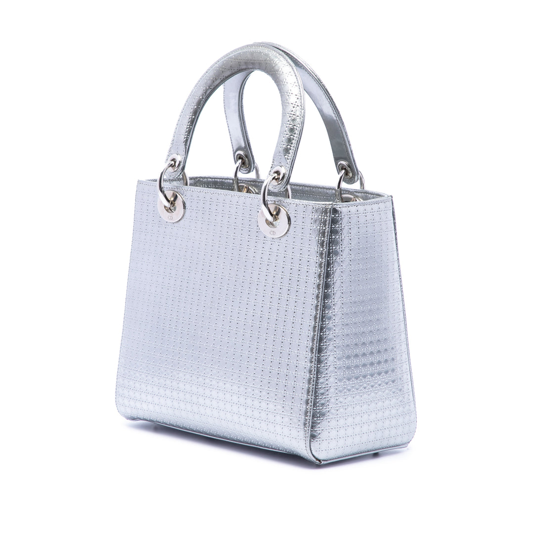 Dior Medium Metallic Cuir verni Microcannage Lady Dior