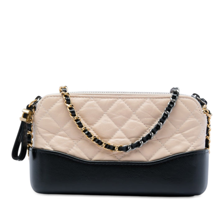 Bicolore vieilli Gabrielle Double Zippé Pochette avec chaîne Cuir de veau Beige