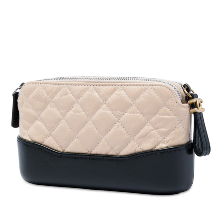 Bicolore vieilli Gabrielle Double Zippé Pochette avec chaîne Cuir de veau Beige
