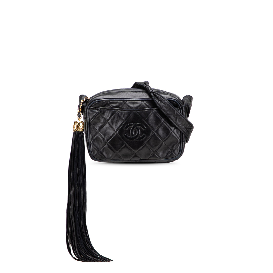 Mini CC Diamond Quilted Lambskin Tassel Camera Bag Black - Gaby Paris