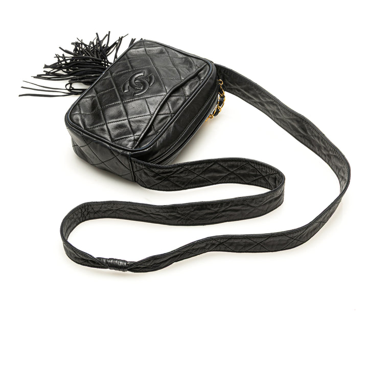 Mini CC Diamond Quilted Lambskin Tassel Camera Bag Black - Gaby Paris