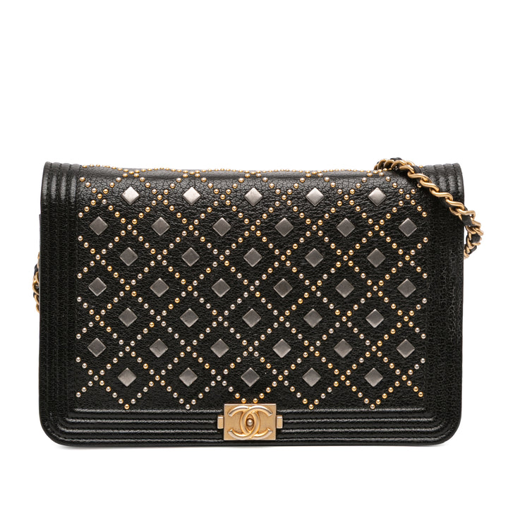 Chanel Studded Grained Cuir de veau Boy Wallet On Chain Noir