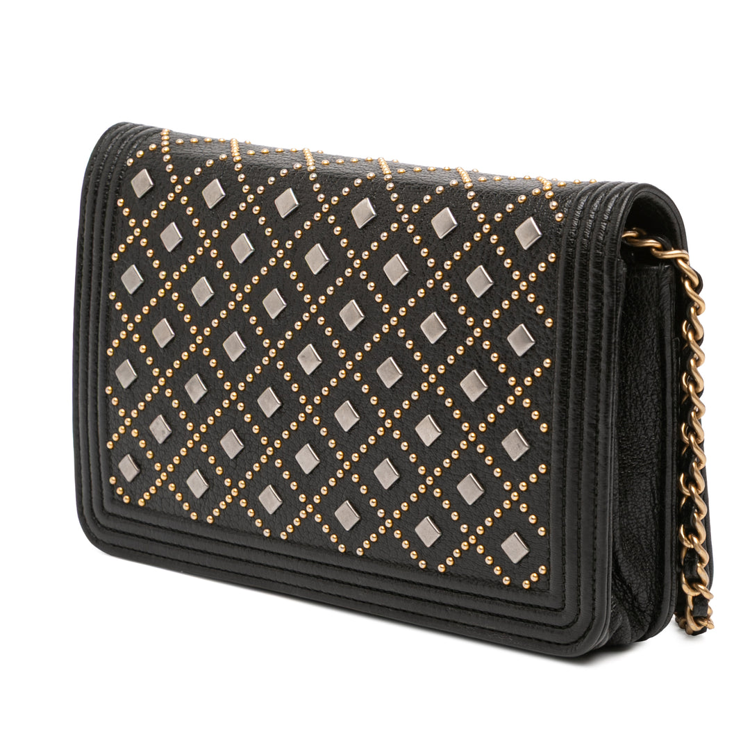 Chanel Studded Grained Cuir de veau Boy Wallet On Chain Noir