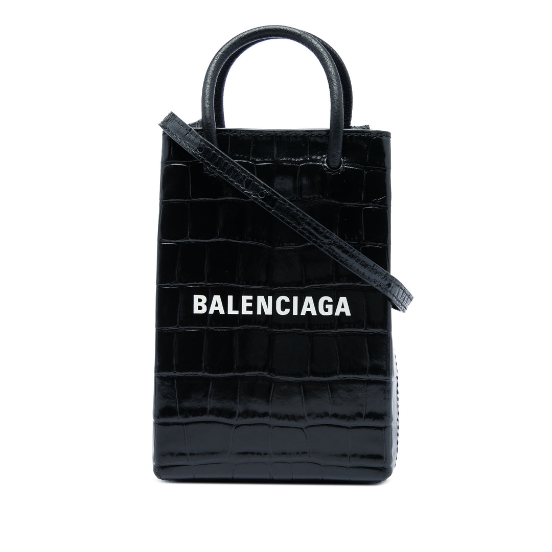 Balenciaga Croc embossé Cabas Étui téléphone Mini Noir – vue principale – GABY PARIS