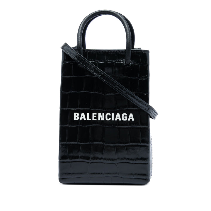 Balenciaga Croc embossé Cabas Étui téléphone Mini Noir – vue principale – GABY PARIS