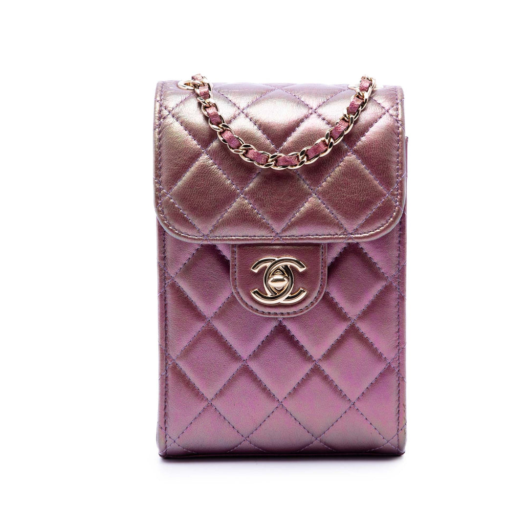 CC Matelassé Irisé Étui téléphone avec chaîne Cuir d'agneau Violet