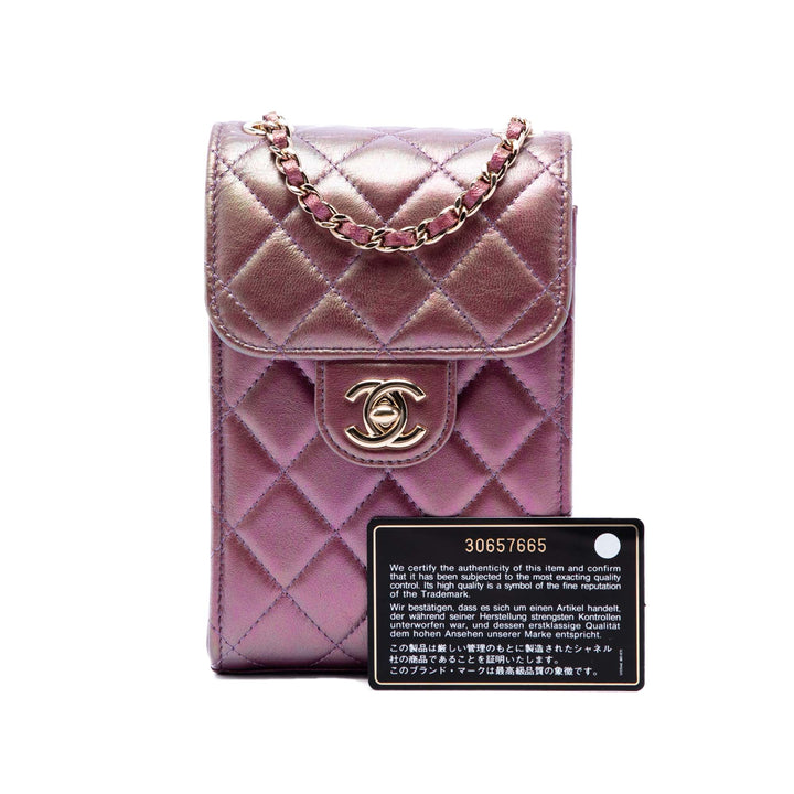 CC Matelassé Irisé Étui téléphone avec chaîne Cuir d'agneau Violet