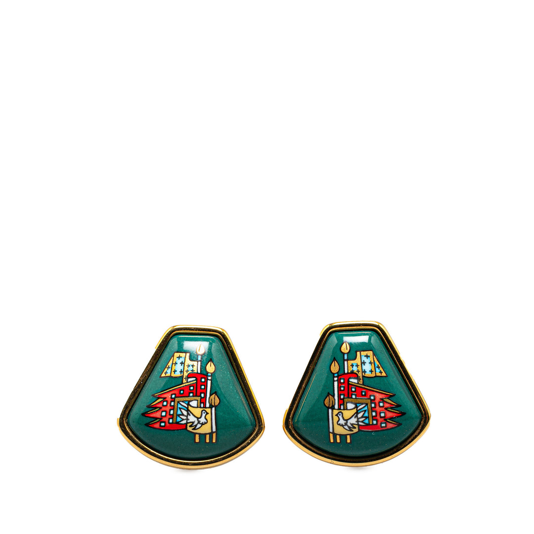 Flags Cloisonne Enamel Clip On Earrings Green - Gaby Paris