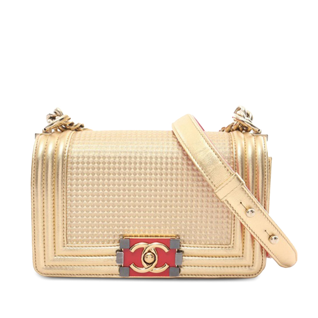 Small Metallic Lambskin Embossed Cube Boy Flap Gold - Gaby Paris