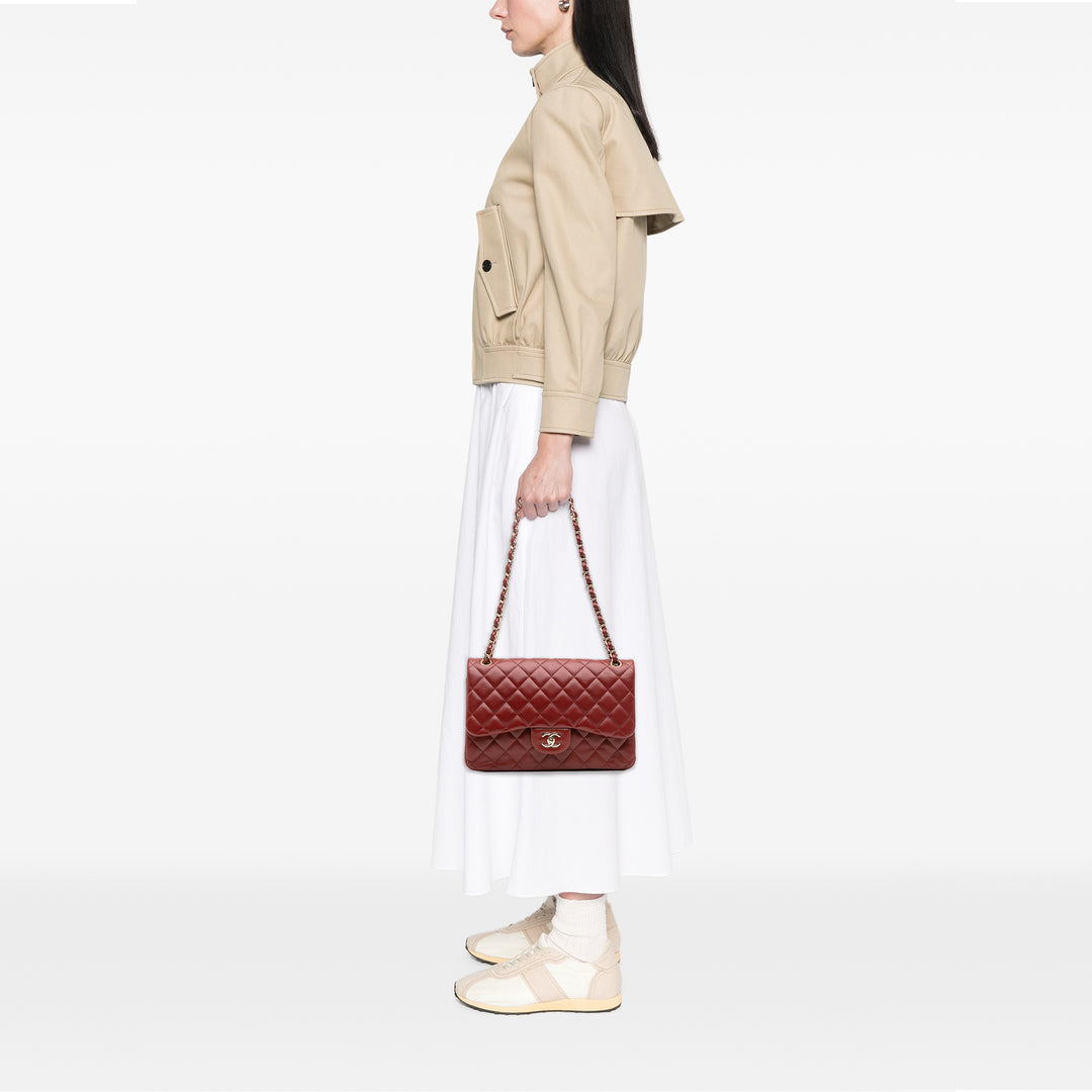 Jumbo Classic Lambskin Double Flap Red - Gaby Paris