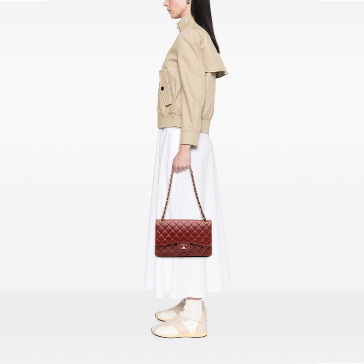 Jumbo Classic Lambskin Double Flap Red - Gaby Paris