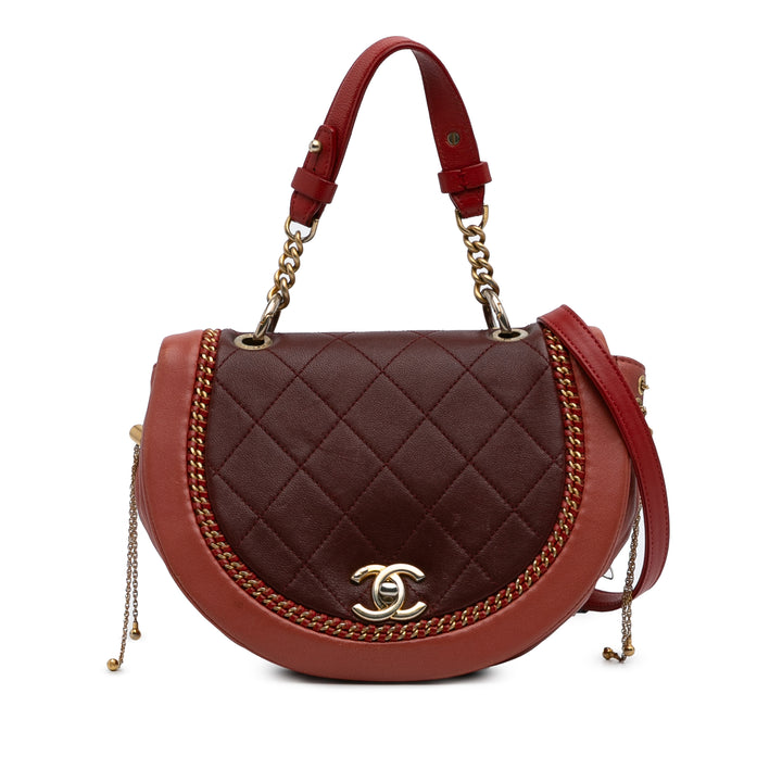 Small Quilted Lambskin Chain Detail Saddle Bag Red - Gaby Paris