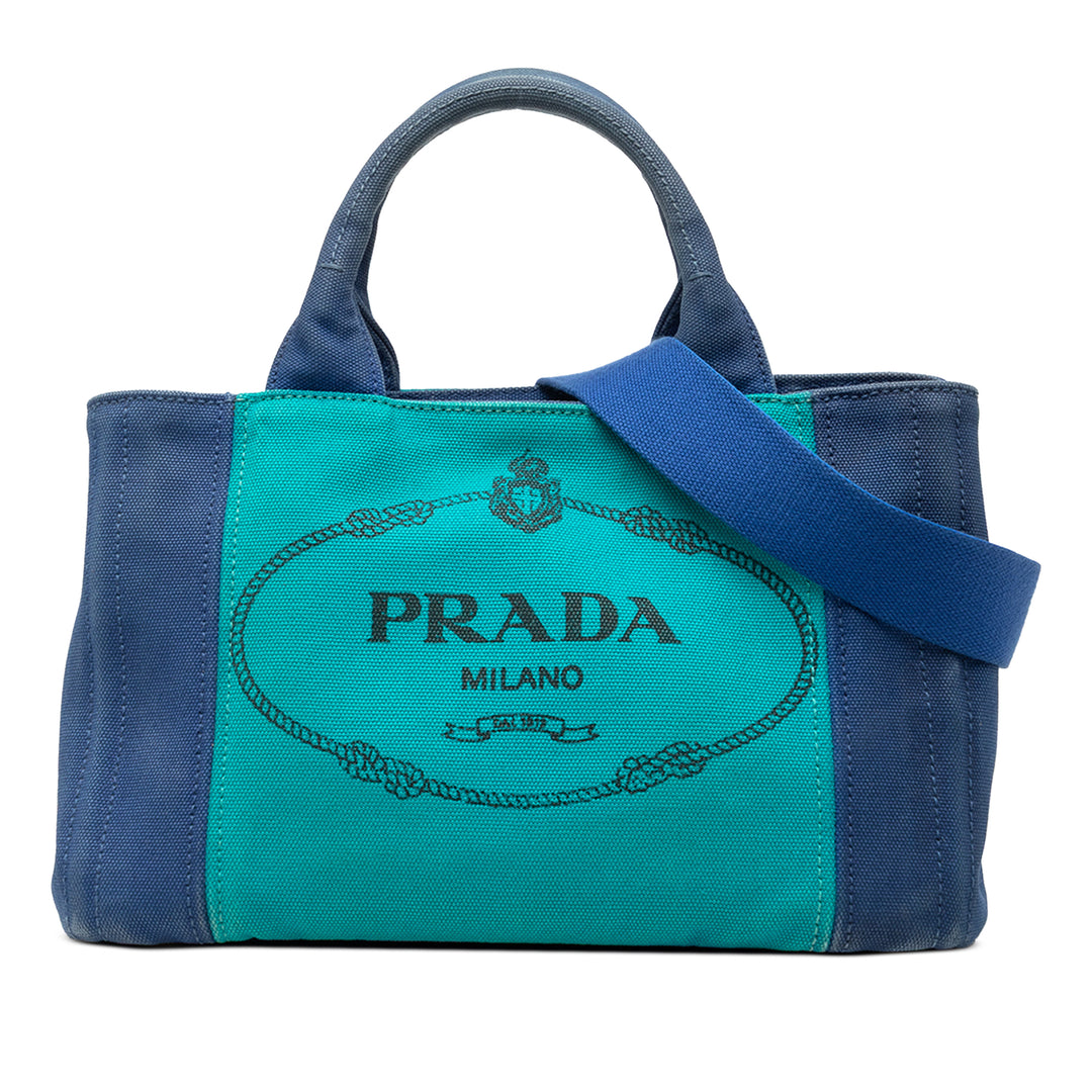 Prada Small Bicolor Toile Canapa Logo Cabas