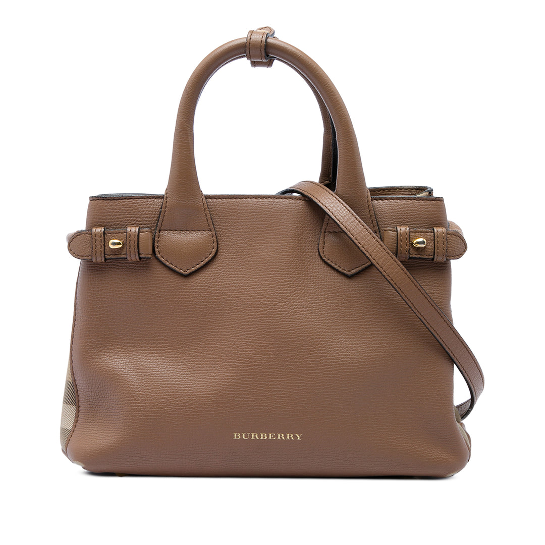 Burberry Sac à main Grainy et House Check Banner Petit Cuir de veau Marron – vue principale – GABY PARIS