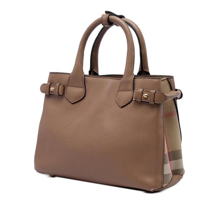 Burberry Sac à main Grainy et House Check Banner Petit Cuir de veau Marron – vue 2 – GABY PARIS