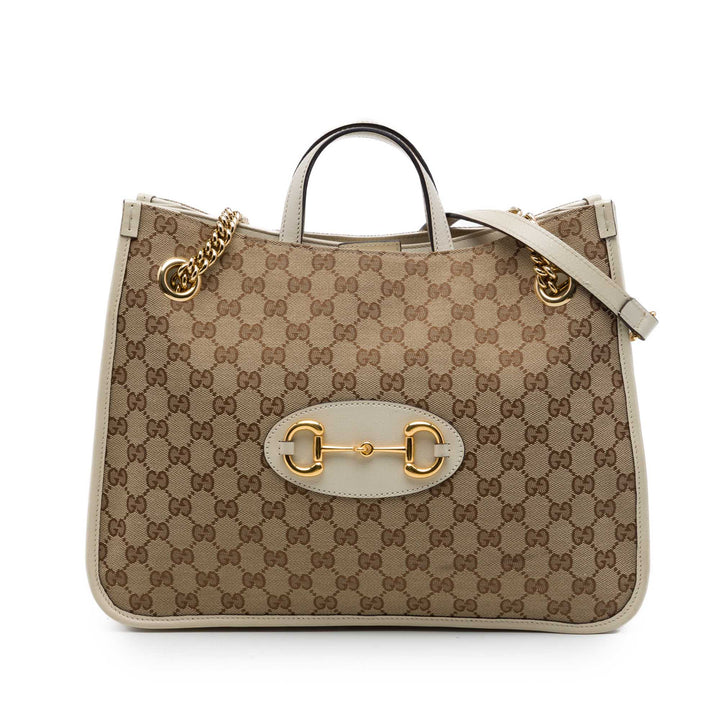 Gucci GG Horsebit 1955 Cabas chaîne Moyen Beige – vue principale – GABY PARIS