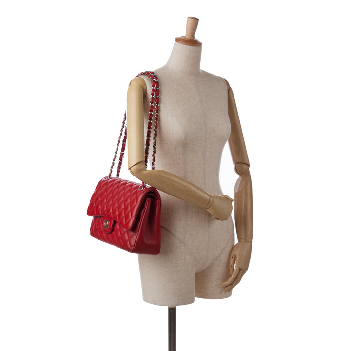 Jumbo Classic Lambskin Double Flap Red - Gaby Paris