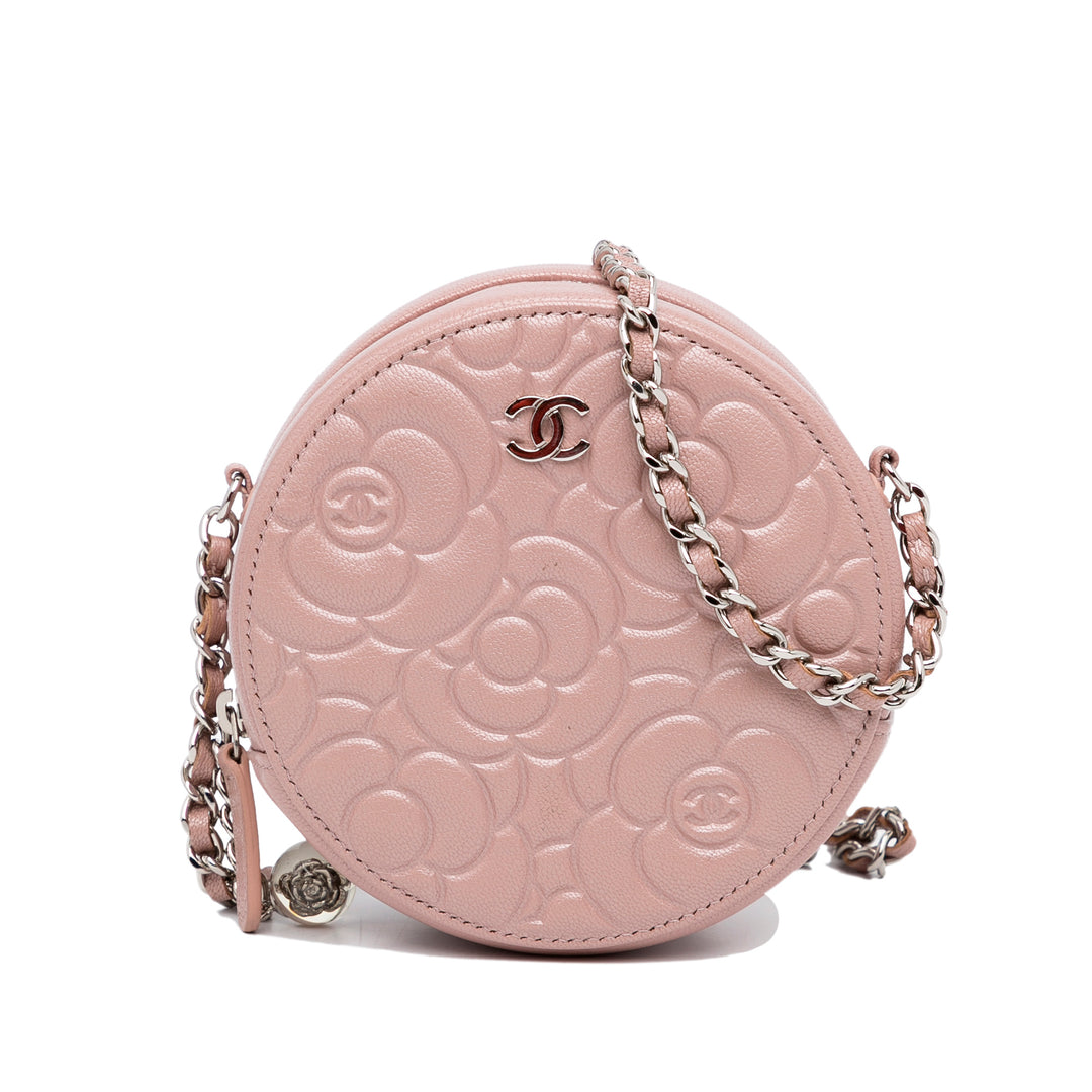 Goatskin Camellia Round Clutch With Chain Brown - Gaby Paris