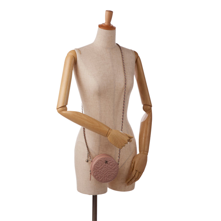 Goatskin Camellia Round Clutch With Chain Brown - Gaby Paris