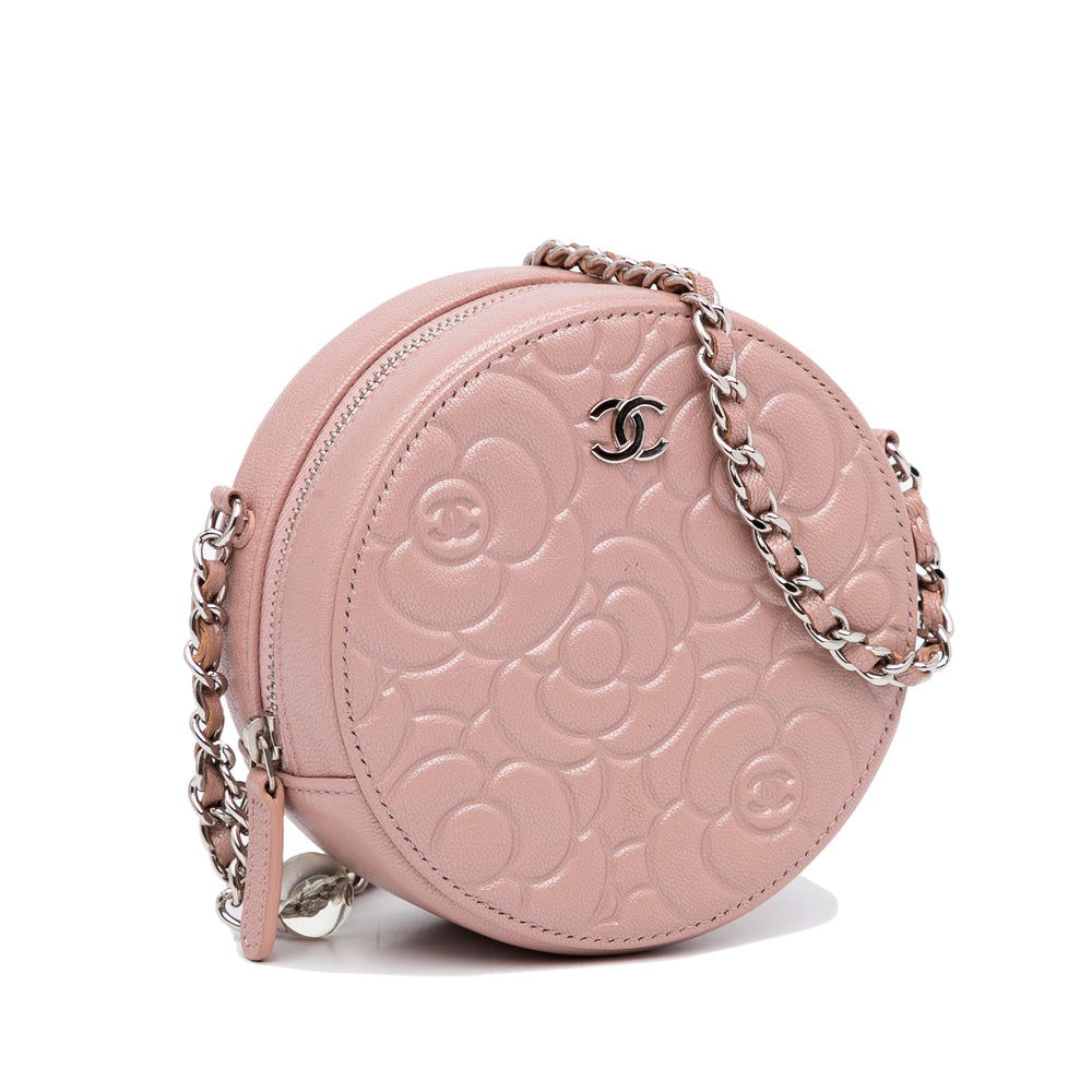 Goatskin Camellia Round Clutch With Chain Brown - Gaby Paris