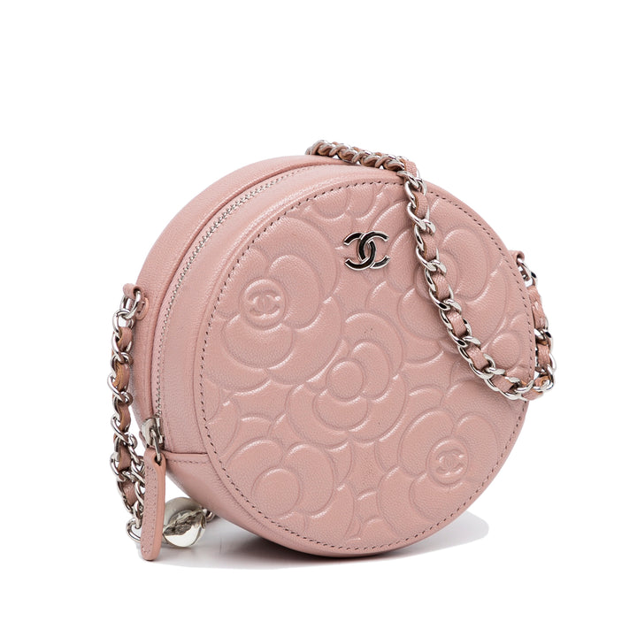 Goatskin Camellia Round Clutch With Chain Brown - Gaby Paris