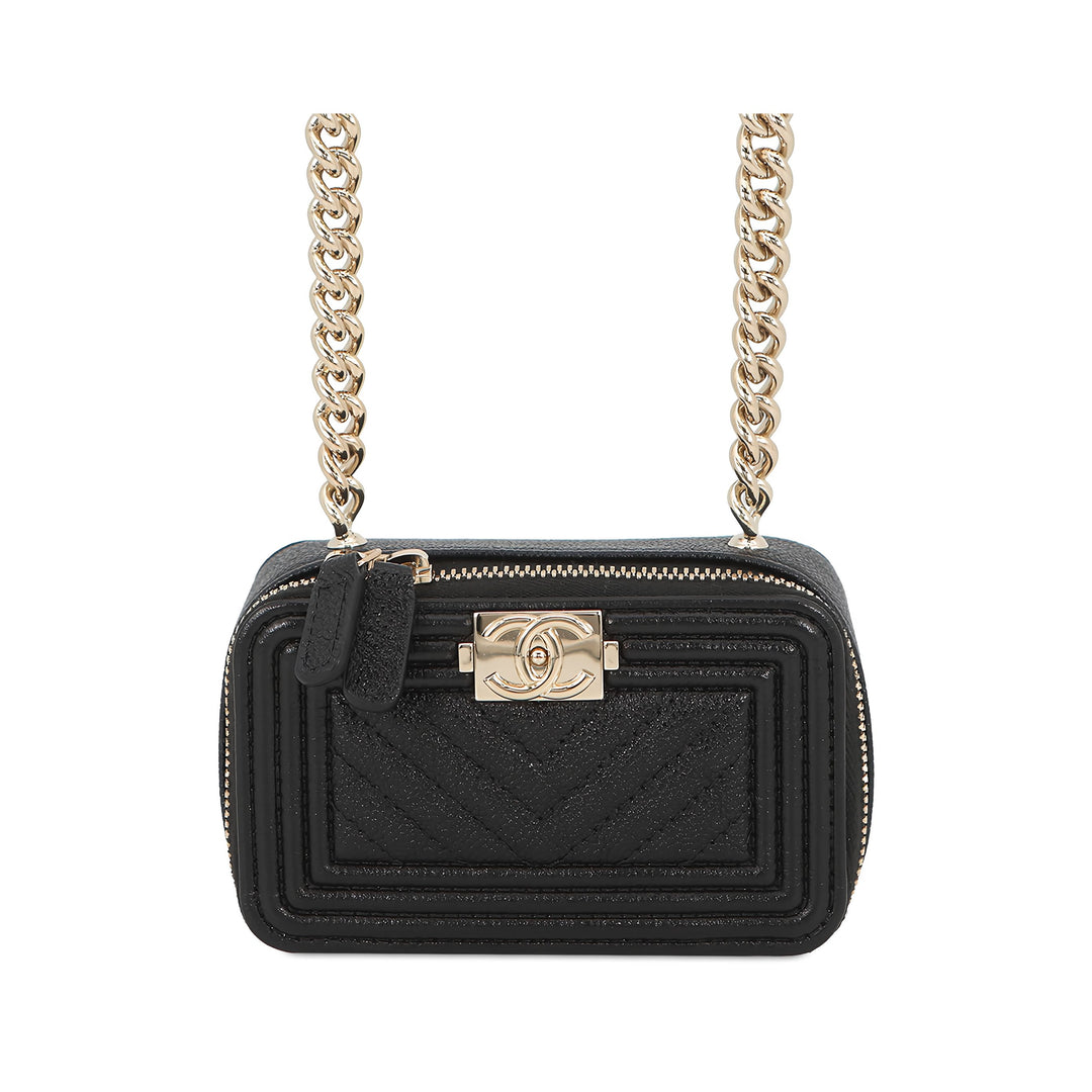 Chanel Chevron Boy Pochette avec chaîne Mini Cuir caviar Noir – vue principale – GABY PARIS