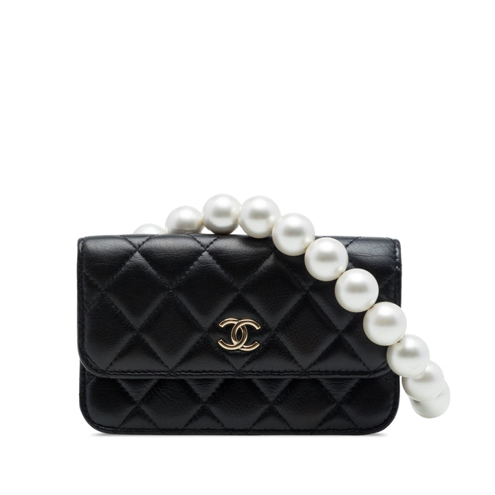 Chanel Matelassé Perles Pochette avec chaîne Maxi Cuir d'agneau Noir