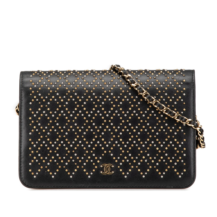 CC Studded Lambskin Wallet on Chain Black - Gaby Paris