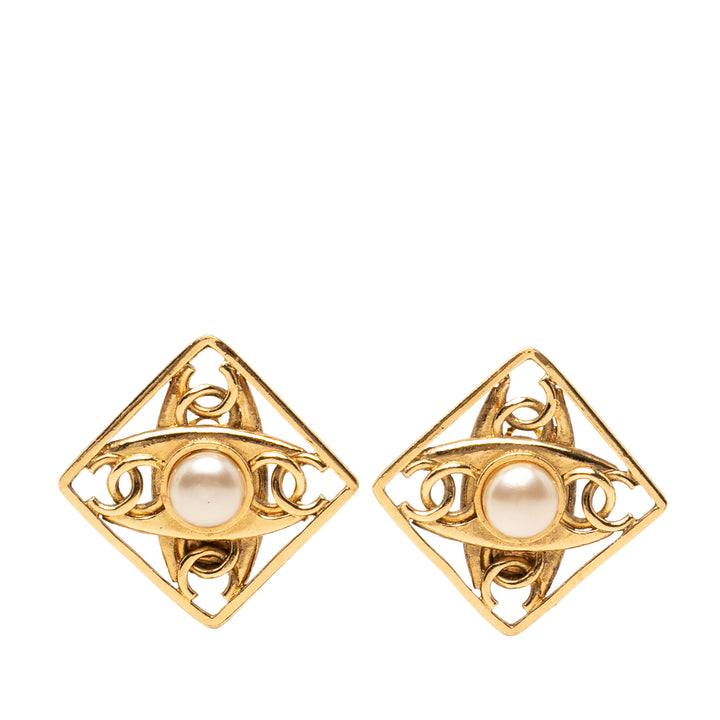 Chanel CC plaqué Perles fantaisie Diamond Shaped À clip Boucles d'oreilles Métal