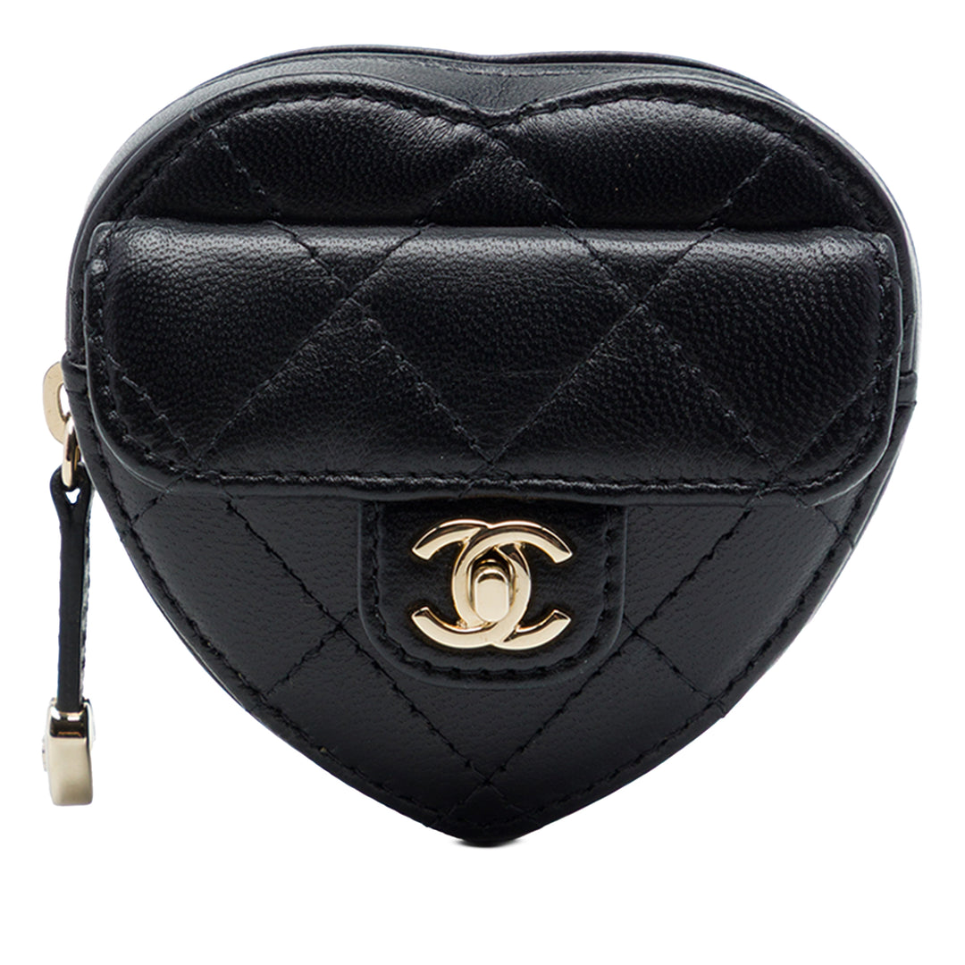 Chanel CC In Love Heart Zippé Arm Porte-monnaie Cuir d'agneau Noir – vue principale – GABY PARIS
