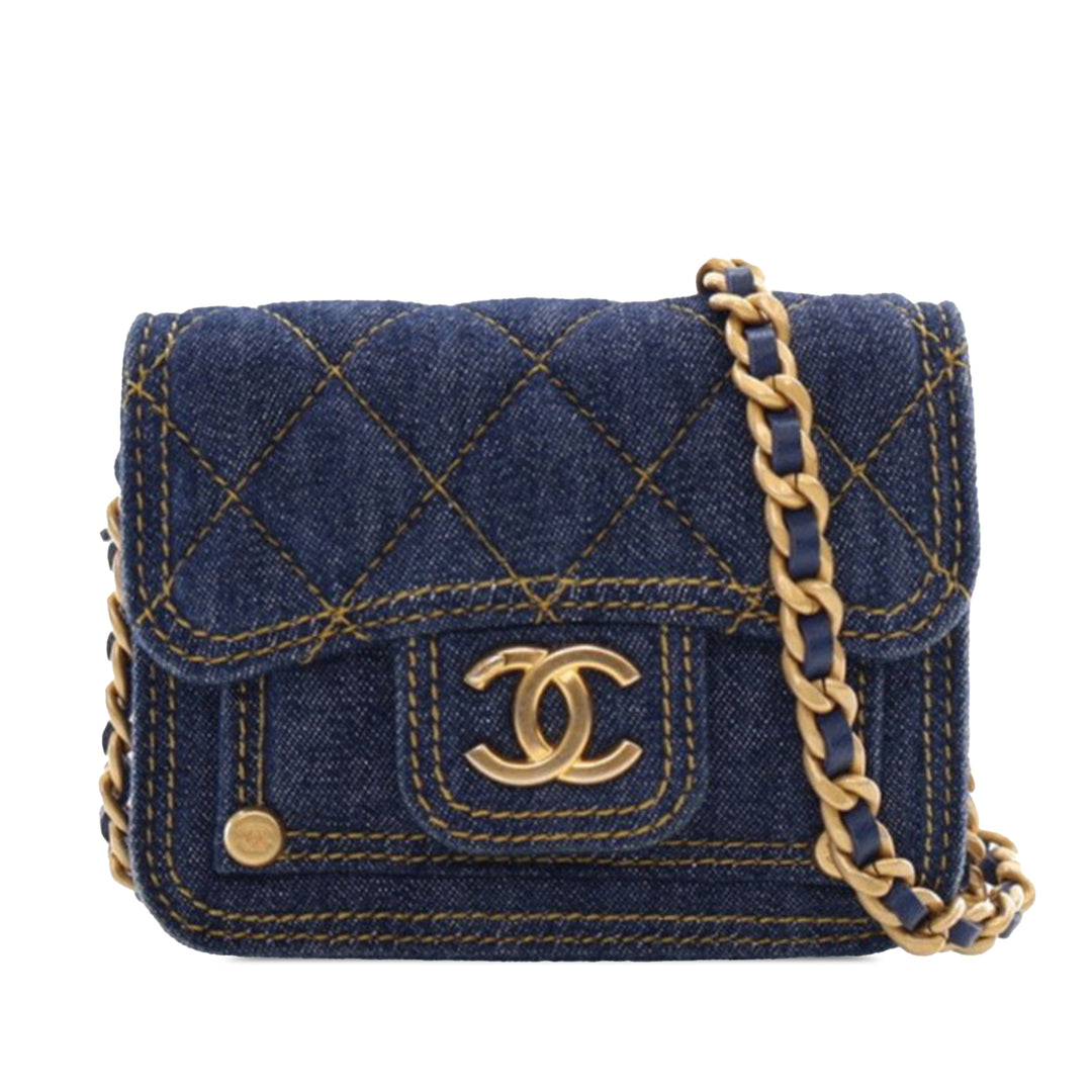 Chanel Mini Quilted Denim CC Double You Card Holder with Chain Blue - GABY PARIS