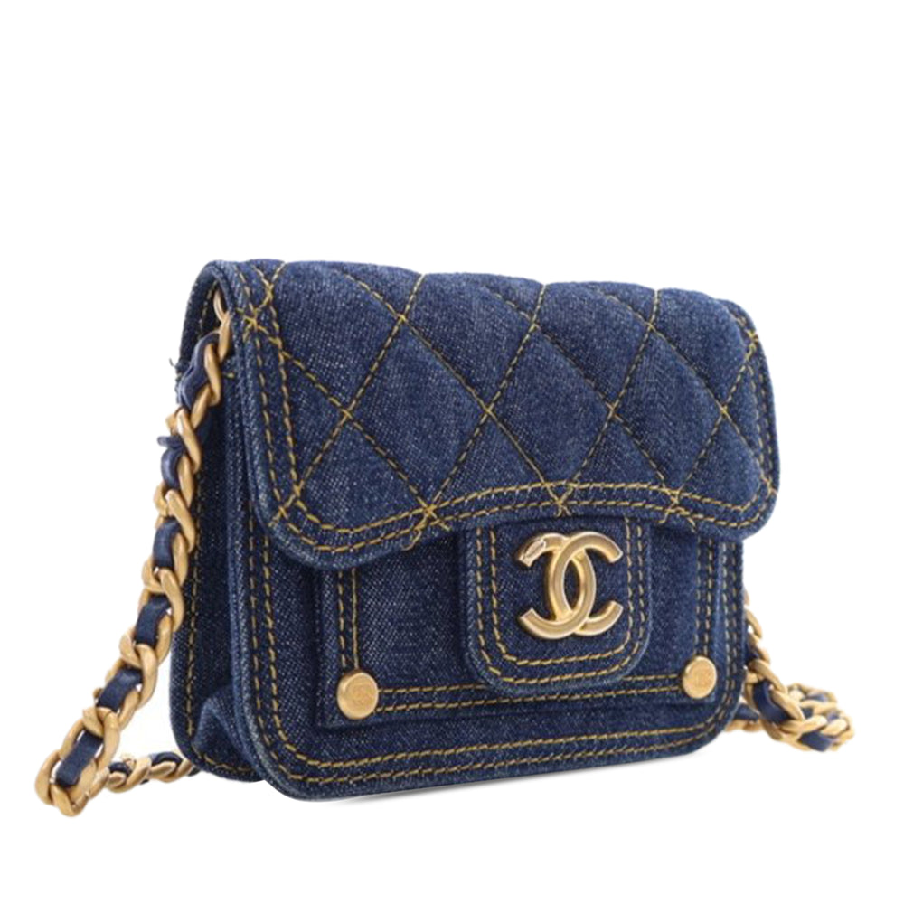 Chanel Mini Quilted Denim CC Double You Card Holder with Chain Blue - GABY PARIS