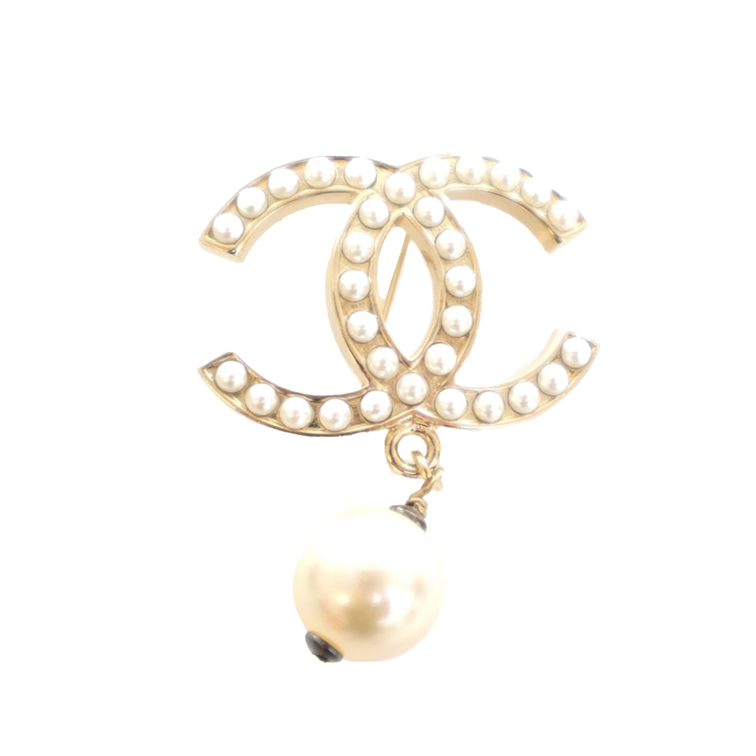 Gold Plated Faux Pearl CC Drop Brooch White - Gaby Paris