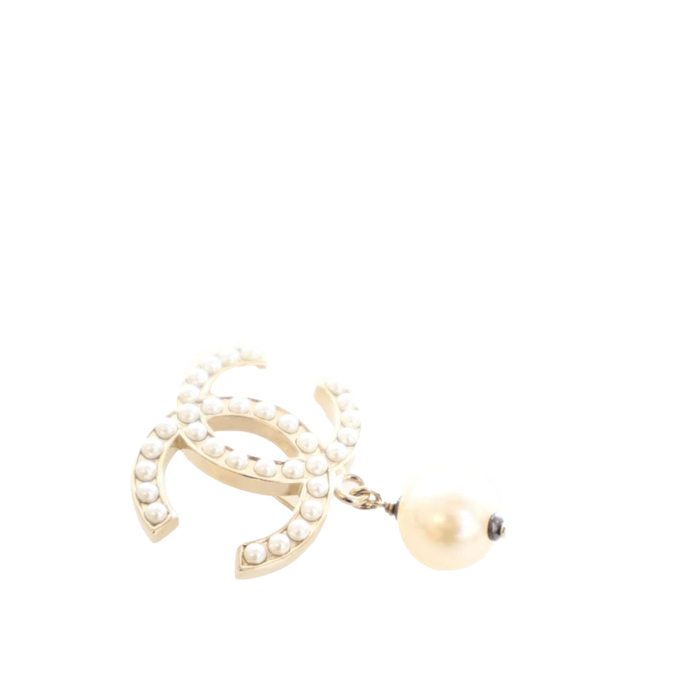 Gold Plated Faux Pearl CC Drop Brooch White - Gaby Paris