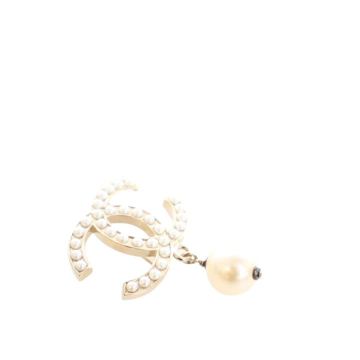 Gold Plated Faux Pearl CC Drop Brooch White - Gaby Paris
