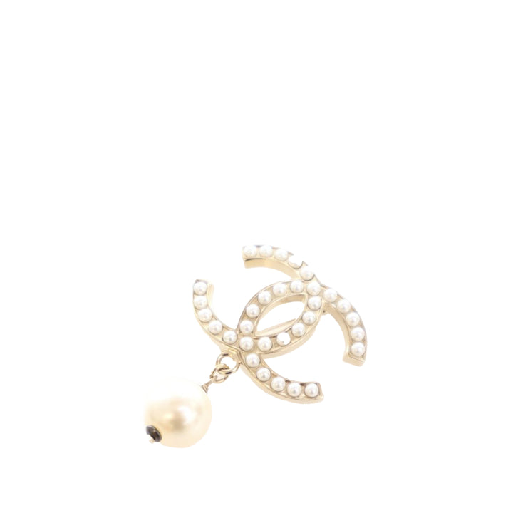 Gold Plated Faux Pearl CC Drop Brooch White - Gaby Paris