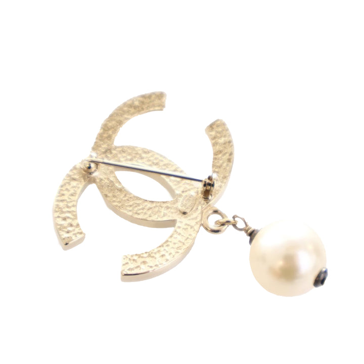 Gold Plated Faux Pearl CC Drop Brooch White - Gaby Paris