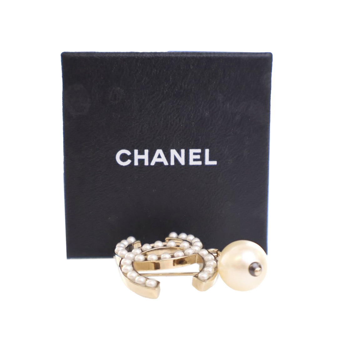 Gold Plated Faux Pearl CC Drop Brooch White - Gaby Paris