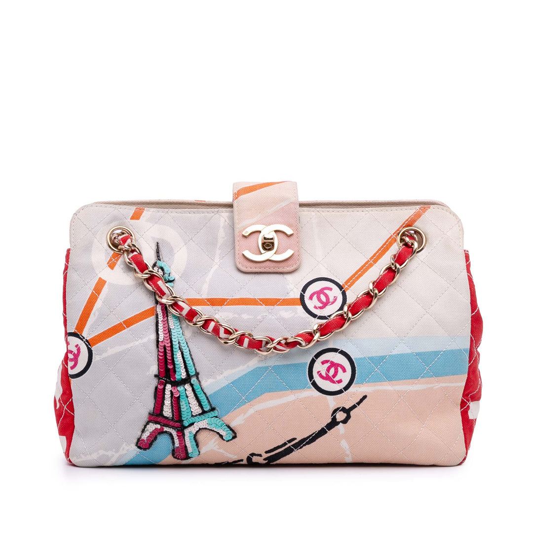 CC Printed Canvas Eiffel Tower Shoulder Bag Brown - Gaby Paris