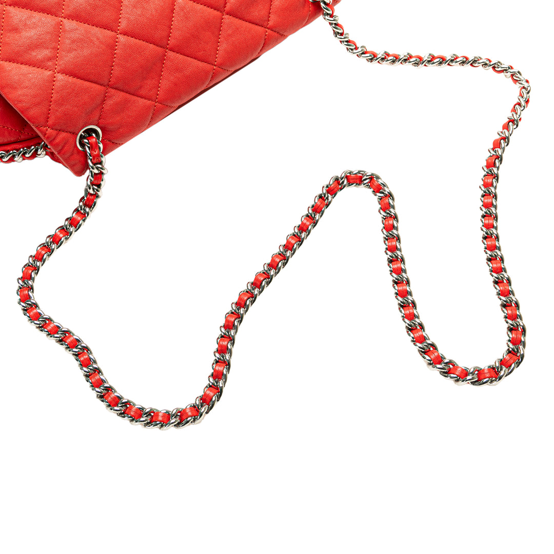 Large Quilted Lambskin Chain Around Flap Red - Gaby Paris