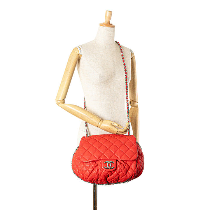 Large Quilted Lambskin Chain Around Flap Red - Gaby Paris
