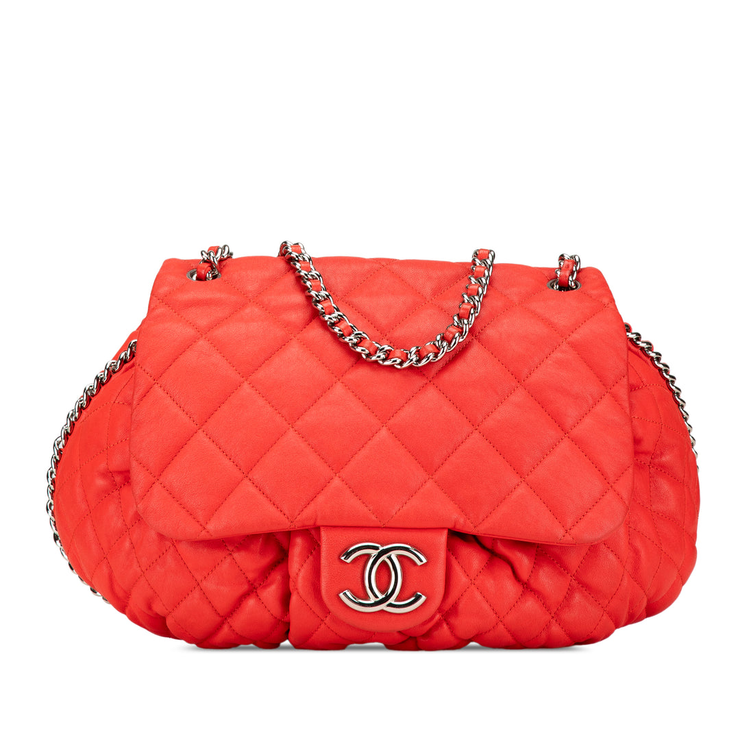 Large Quilted Lambskin Chain Around Flap Red - Gaby Paris