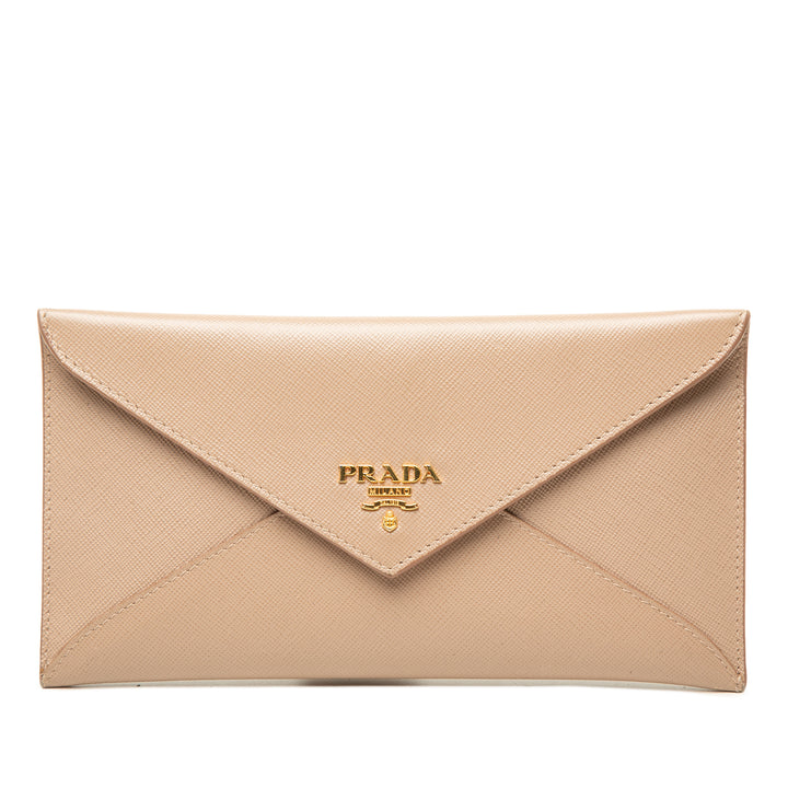 Prada Portefeuille Enveloppe Saffiano Beige – vue principale – GABY PARIS