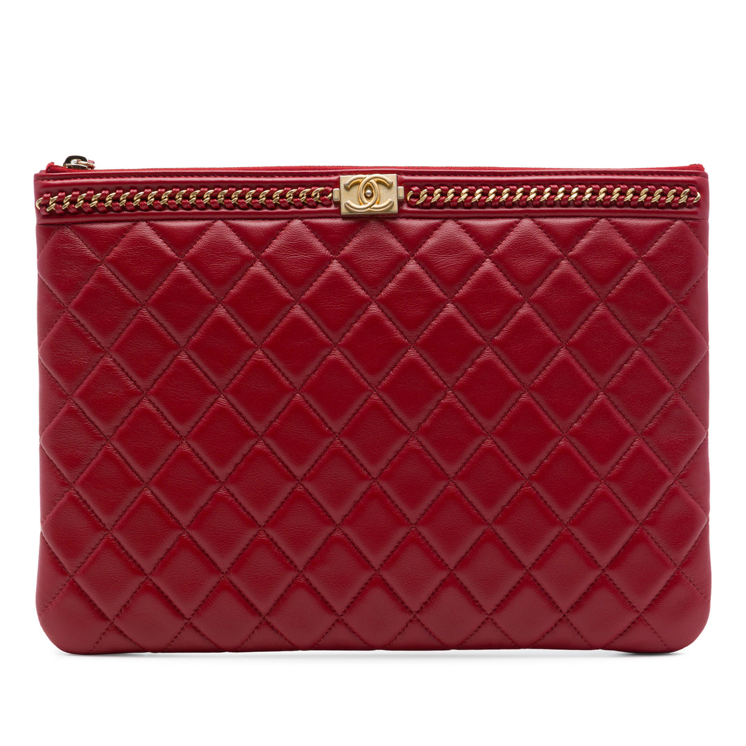 Matelassé Chaîne Boy O Étui Pochette Moyen Cuir d'agneau Rouge