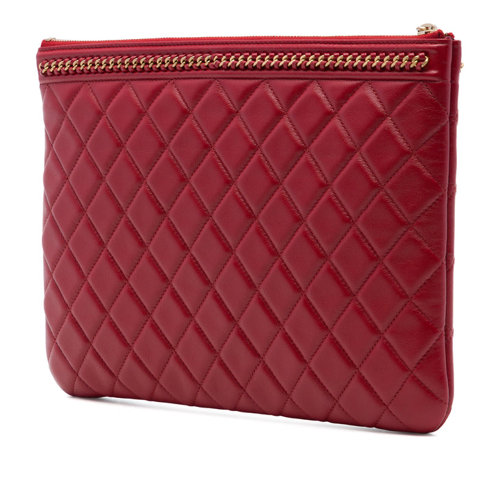 Matelassé Chaîne Boy O Étui Pochette Moyen Cuir d'agneau Rouge