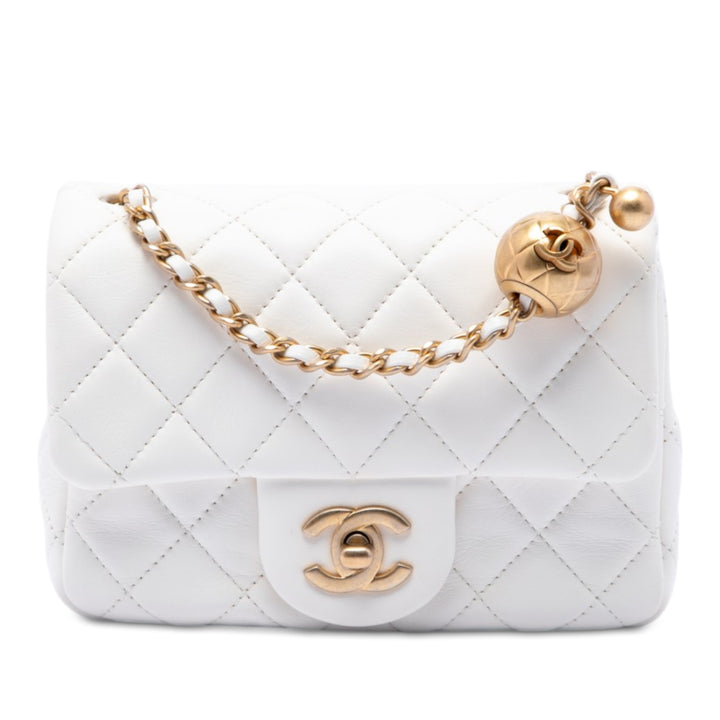 Classic Carré Perle Crush Rabat simple Mini Cuir d'agneau Blanc