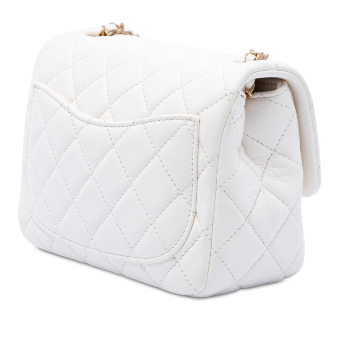 Classic Carré Perle Crush Rabat simple Mini Cuir d'agneau Blanc