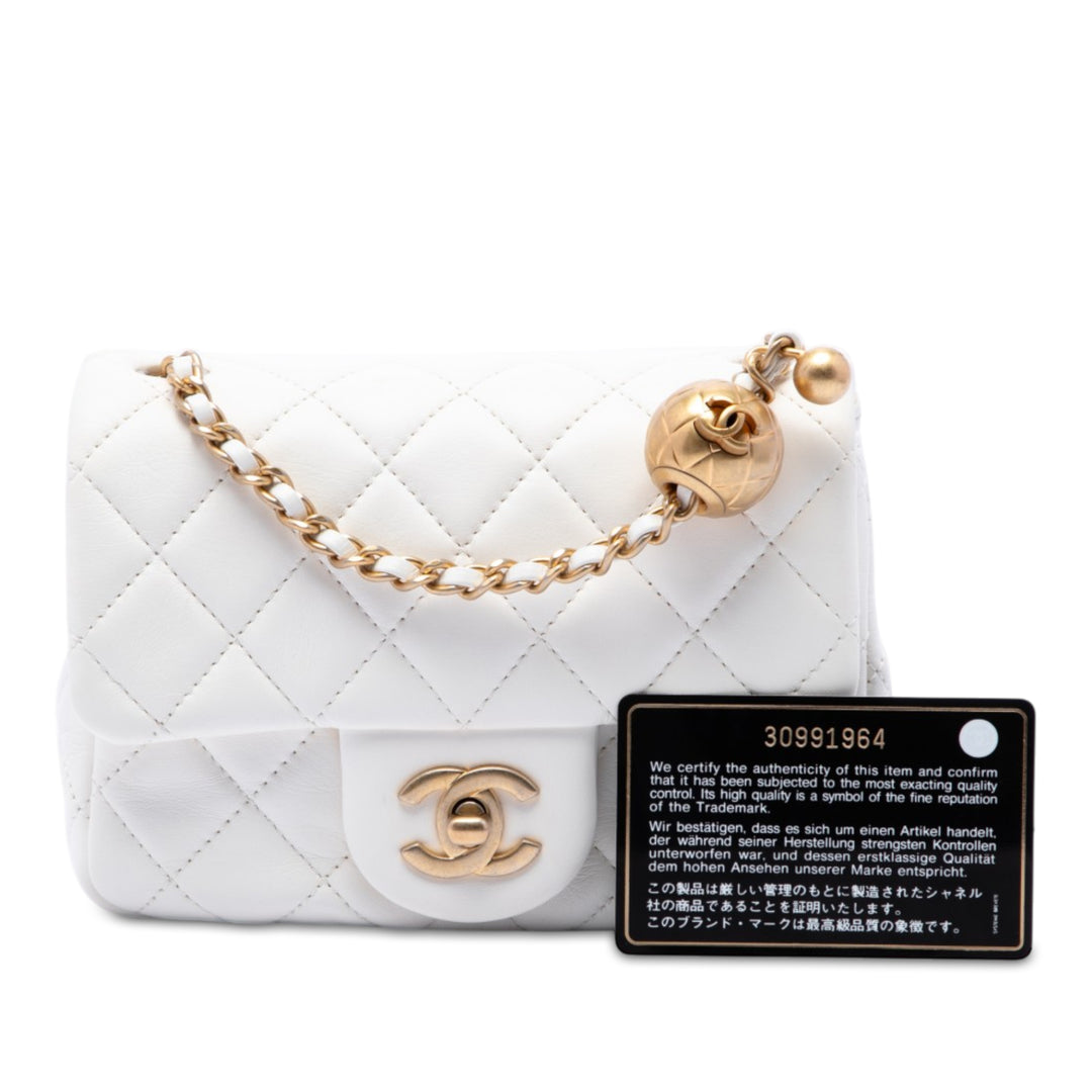 Classic Carré Perle Crush Rabat simple Mini Cuir d'agneau Blanc